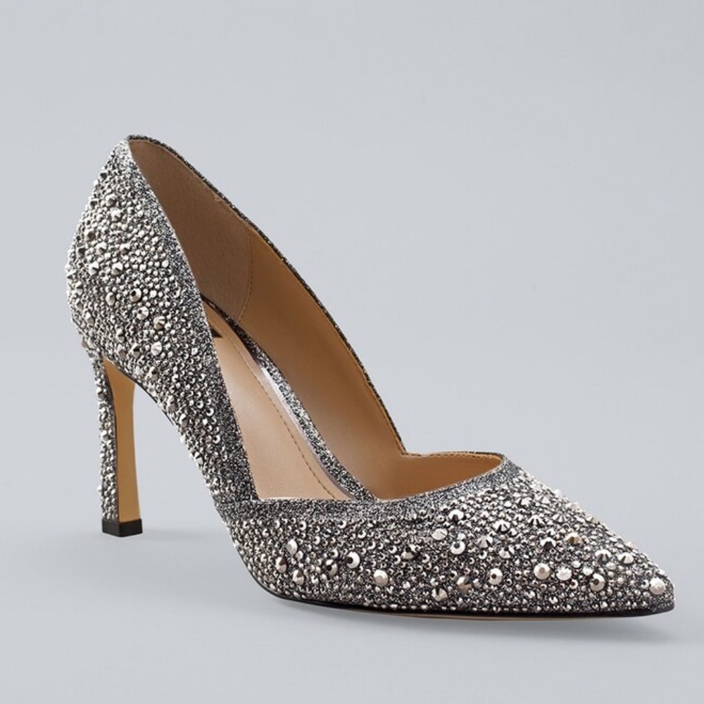 WHBM Hematite-Embellished High Heel Silver Jeweled Pumps - Picture 10 of 16